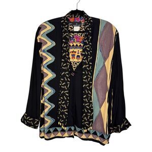 Vtg Carole Little Women’s 14 Paris France Cardigan Blouse Rayon Artsy 80s